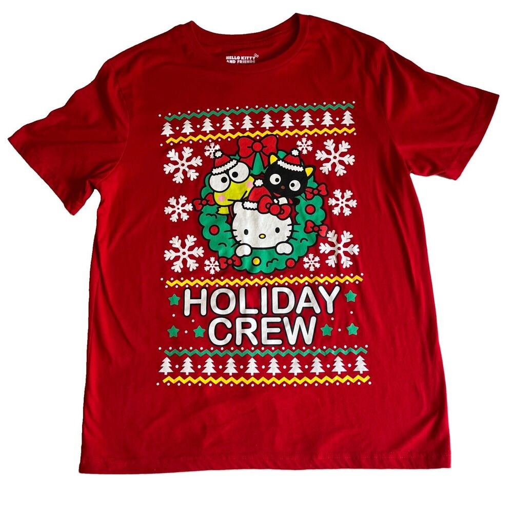 Hello Kitty Christmas T-Shirt Women’s L Red Graphic Tee Holiday Crew Wreath EUC